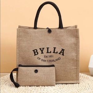 Shein Bylla Switzerland Linen Letter Graphic Tote Bag Purse Wristlet
